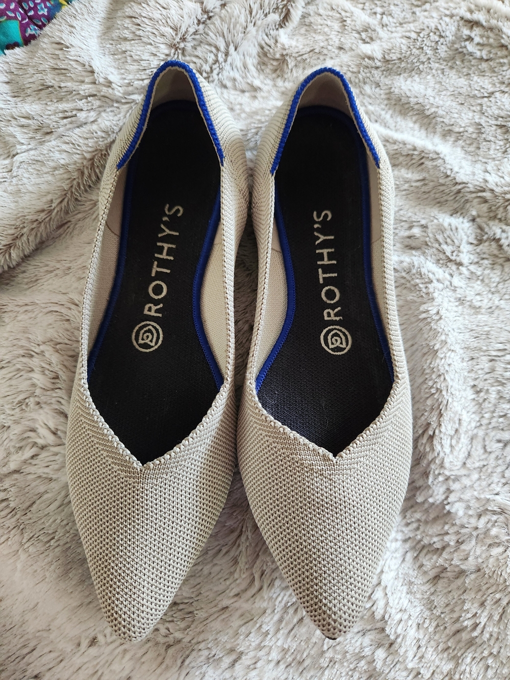 Rothy's Women's Pointed Flat in Light Beige with Blue Trim